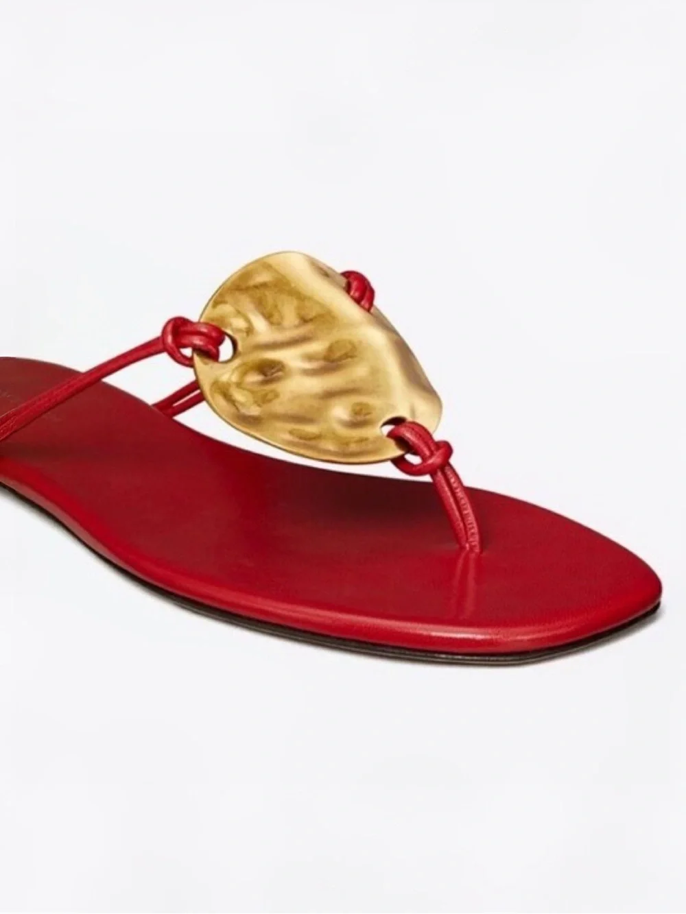 Tory Burch Patos Leather Flat Sandal Red Gold Medallion Sz 9.5 MSRP $238 NEW